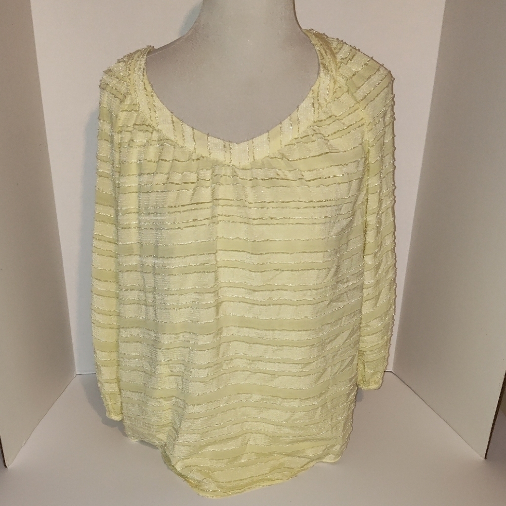 Lauren Conrad Womens sz L Top Yellow Striped 3/4 Sleeve Scoop Neck Blouse